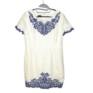 TALBOTS women's linen dress midi size 12 white blue embroidered scalloped edge